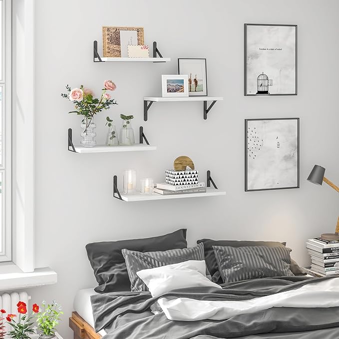 YGEOMER White Floating Shelves for Wall, Different Sizes Rustic Wall Shelves for Living Room, Bathroom, Bedroom, Kitchen, Home Decor (Set of 4)