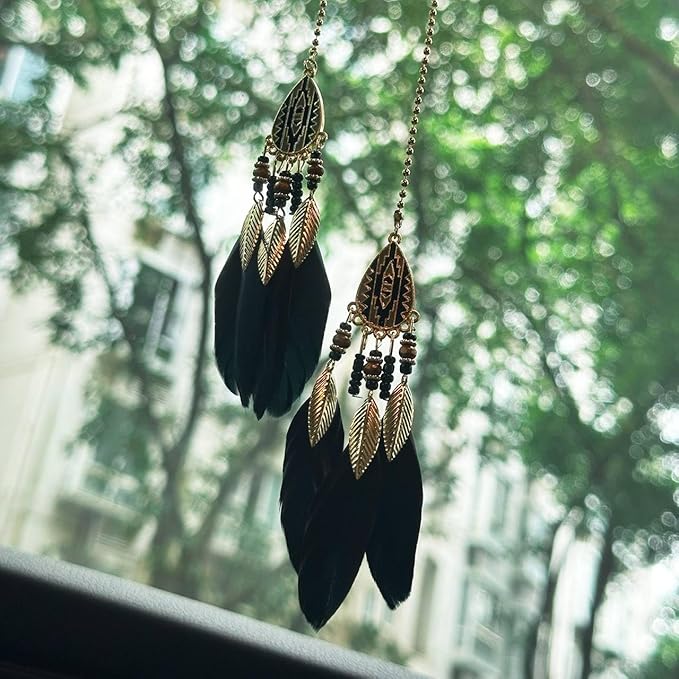 Small Dream Catcher Car Hanging Ornament, Handmade Nature Feather Boho Rear View Mirror Pendant, Car Decor Accessories Gift for Women