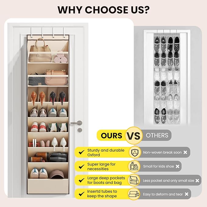 16-20 Pairs Over the Door Shoe Organizer, Clear Pockets Shoe Rack for Closet Door, Hanging Shoe Rack for Boots, Behind the Door Shoe Holder Fit All the Family's Sneakers, Boots, Heels, Beige