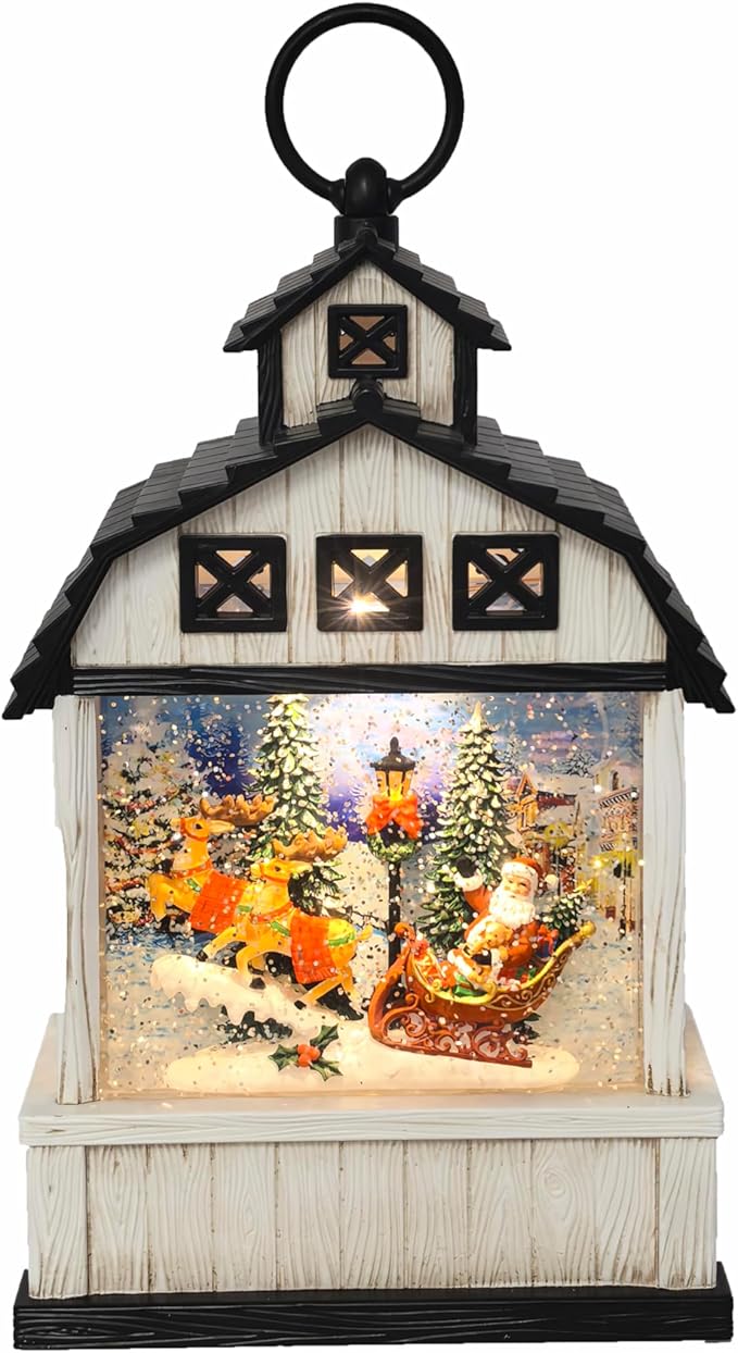 11-Inch Lighted Barn Lantern Swirling Water Glitter Globe with Santa Sleigh Scene, Battery Operated, 8H Timer, Holiday Sparkling Gift and Indoor Christmas Home Décor (Barn)