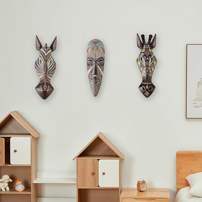 OTARTU 5 by 14 inch African Animal Giraffe Mask Wall Decor Sculpture Hand Carved Geometric on the Surface,Africa Style Wall Plaque