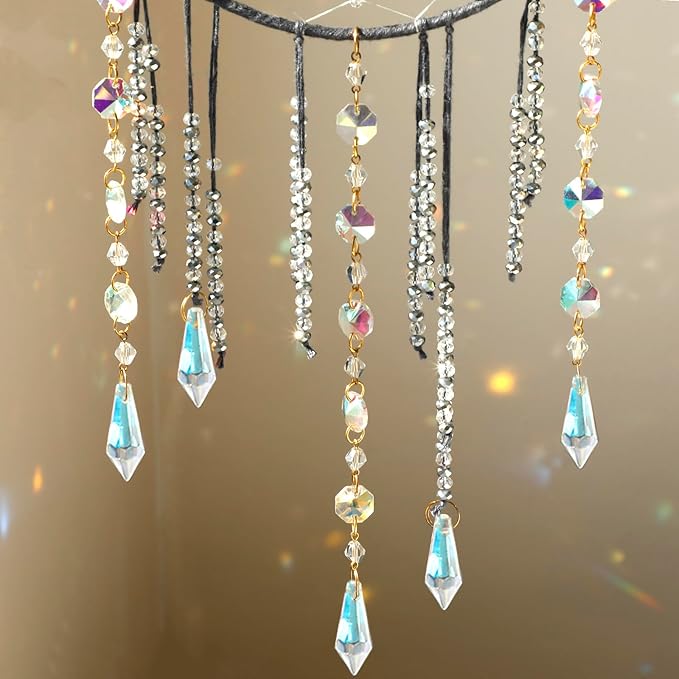 Artilady Dream Catchers with Crystals - Large Grey Boho Moon Dream Catcher Wall Decor House Decorations for Home Girls Kids Baby Bedroom Room Decor Christmas Birthday Teen Girl Boys Gifts