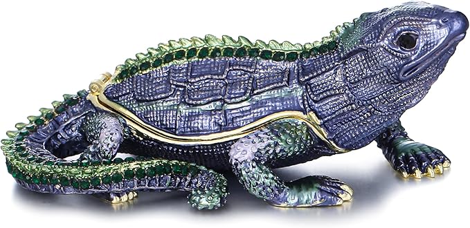 Hand Painted Lizard Trinket Box for Home Decor Accents, Enamel Hinged Jewelry Box for Bookshelf Office Table Desk Decoration, Classical Figurine Collectible Keepsake Animal Sculptures (Lizard)