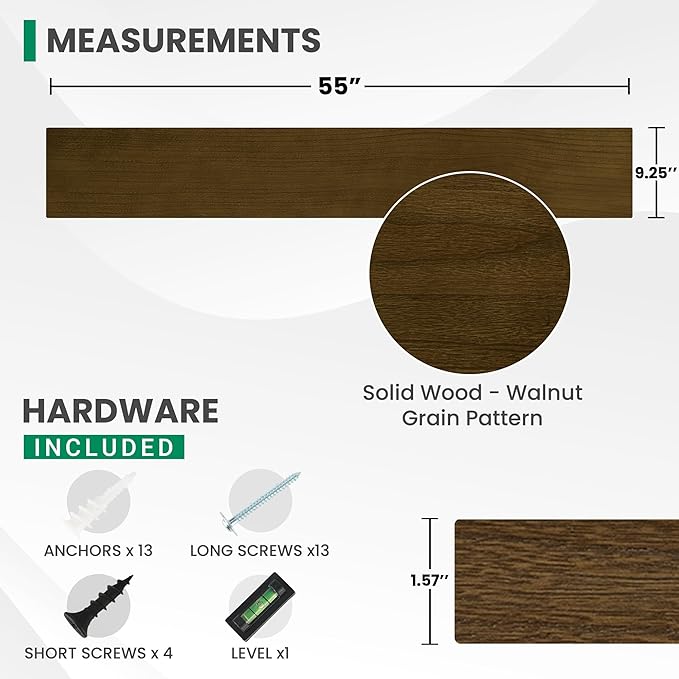 Solid Wood Floating Shelves For Wall, 55”W x 9”D x 1.56”H Large Wall Shelves for Living Room Bedroom Bathroom Kitchen Drcor Storage with Invisible Heavy-Duty Metal Bracket, Light Brown, Set of 1