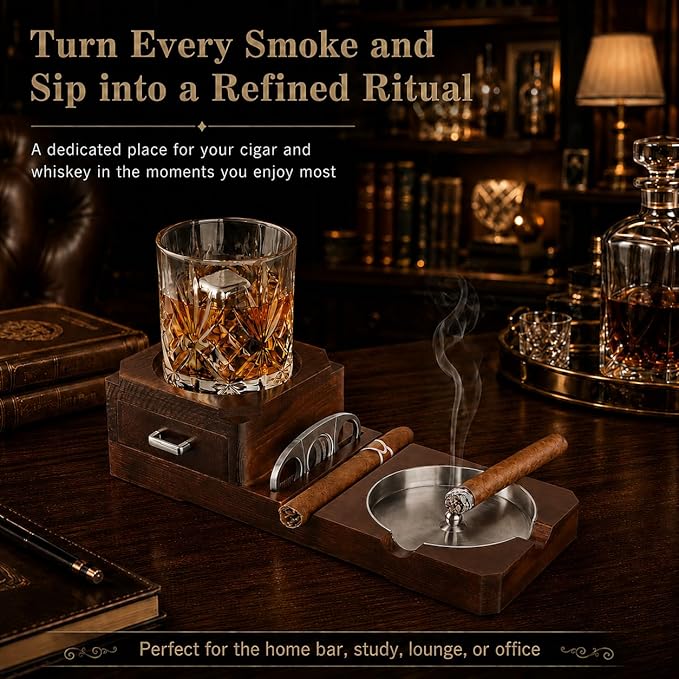 Cigar Ashtrays, Whiskey Glass Tray and Wooden Ash Tray Detachable Outdoor Ashtray for Cigarettes, Gift Set with Cigar Cutter, Great Decor for Home Office Gifts for Men