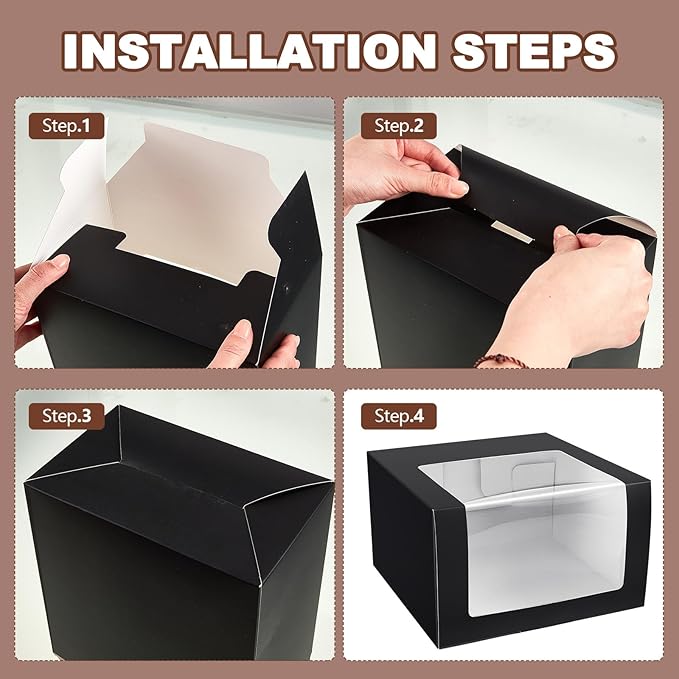 50 Pack Hat Boxes with Clear Window, Foldable Black Gift Boxes for Baseball Caps, Storage, Display and Shipping