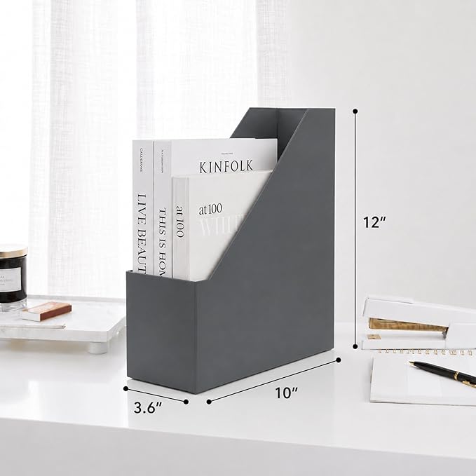 BLU MONACO | Set of 6 Foldable Grey Magazine File Holders with Gold Label Holders | Vertical File Organizer Boxes for Desk, Bookshelf & Home Office Storage