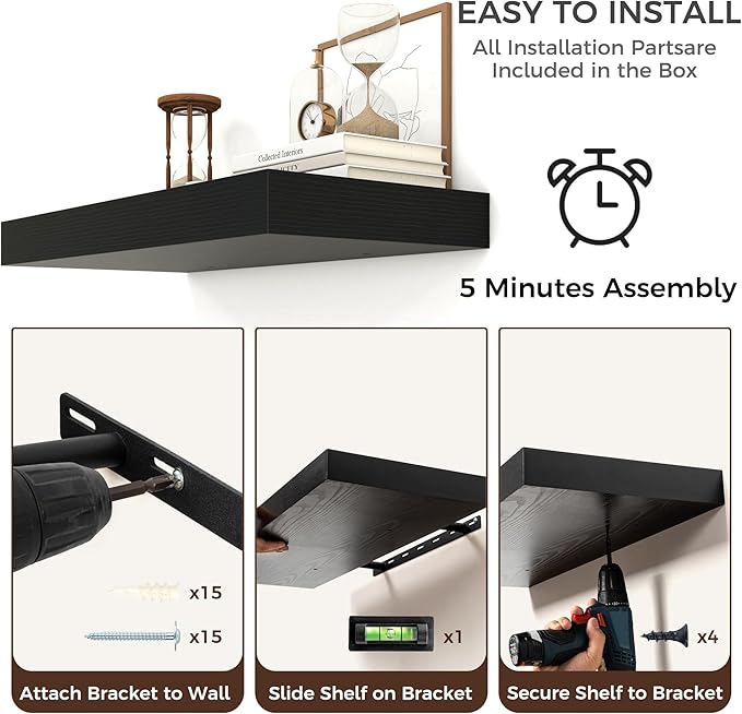 Venusmiles Floating Shelves for Wall, 72 Inch Wide x 12 Inch Deep Floating Shelves, Long Wood Floating Wall Shelf Shelves for Living Room Bathroom Bedroom Kitchen Home - (Black, 72" W x 12" D x 2" H)