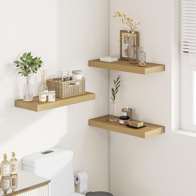 Vivelove 12 Inch Deep Floating Shelves 16 inch Long, 2 Inch Thick Wall Shelves with Invisible Brackets, Shelf for Bedroom Bathroom Living Room Kitchen Office Home Decor, Modern Shelf Set of 2, Oak