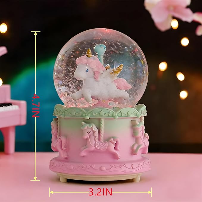 Snow Globes,Pink Unicorn Music Snowglobes with LED Lights and Automatic Snowfall,Music Box Gifts for Girl,Home Decor Glass Ball for Kids Room Birthday for 5-18 Year Old Girl (4.7x3.2IN