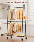 Heavy Duty Clothes Rack, Metal Clothing Rack with Double Hanging Rods, 4 Hooks & Mesh Shelf, Freestanding Garment Rack with Triangular Design for Bedroom Closet, 36.5" x 16.9" x 72.8", Black