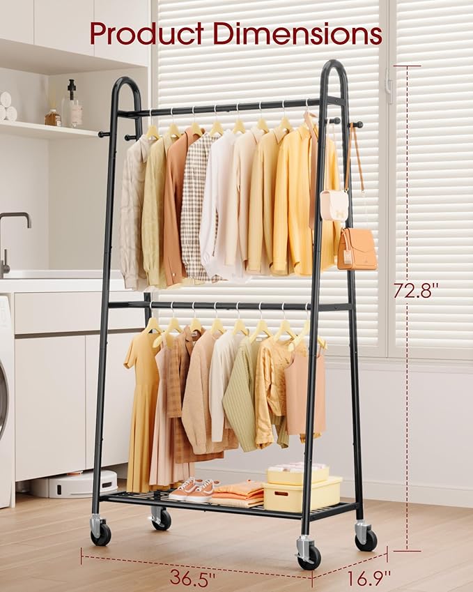 Heavy Duty Clothes Rack, Metal Clothing Rack with Double Hanging Rods, 4 Hooks & Mesh Shelf, Freestanding Garment Rack with Triangular Design for Bedroom Closet, 36.5" x 16.9" x 72.8", Black