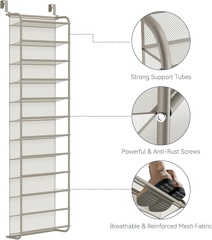 Whitmor 36 Pair Over The Door Shoe Organizer, 12 Tier Hanging Shoe Organizer, Heavy Duty Metal & Mesh Shoe Holder, Hanging Shoe Rack for Closet Organizer & Storage, 69"L x 21.7"W x 7.5"H, Mocha