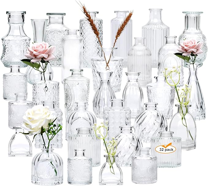 Brajttt Glass Bud Vase Set of 32 pcs,Bud Vases in Bulk,Small Vases for Centerpieces, Mini Flower Vase Bulk for Rustic Wedding Home Table Decorations