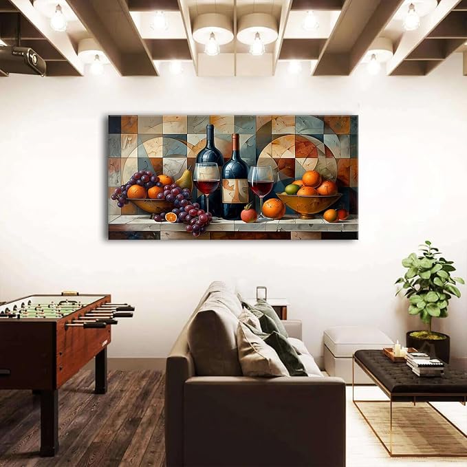 Geometric Kitchen Wall Art Abstract Wine Canvas Prints Red Wine Glass and Fruit Pictures Rustic Farmhouse Still Life Painting Wine Bar Decor for Dining Room Restaurant Home Decorations 29.53x57.87"