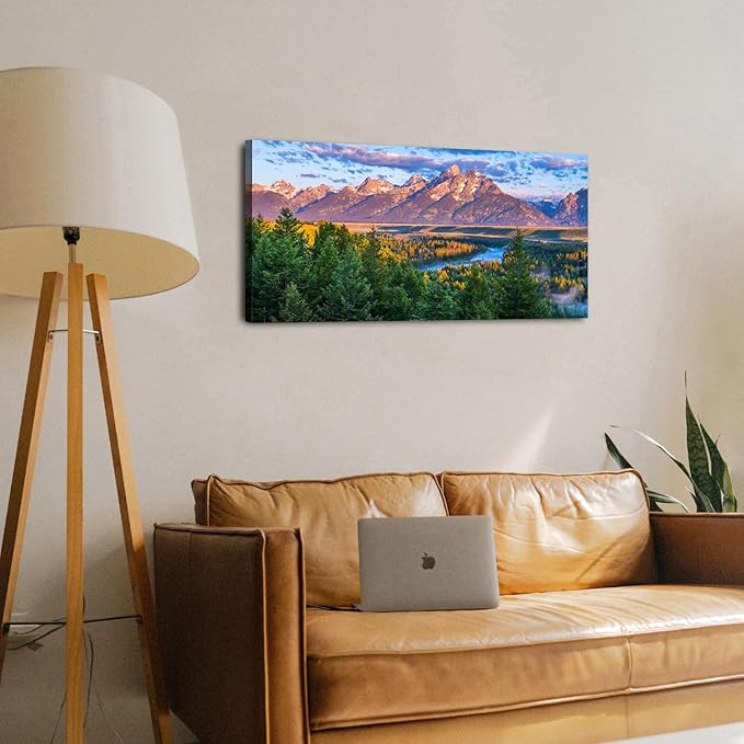 AIYISU Grand Teton Mountain Wall Art Sunset Nature National Park Posters Oxbow Bend Snake River Landscape Wall Decor Wyoming Scenery Painting Artwork for Living Room Office Home Decoration 20x40