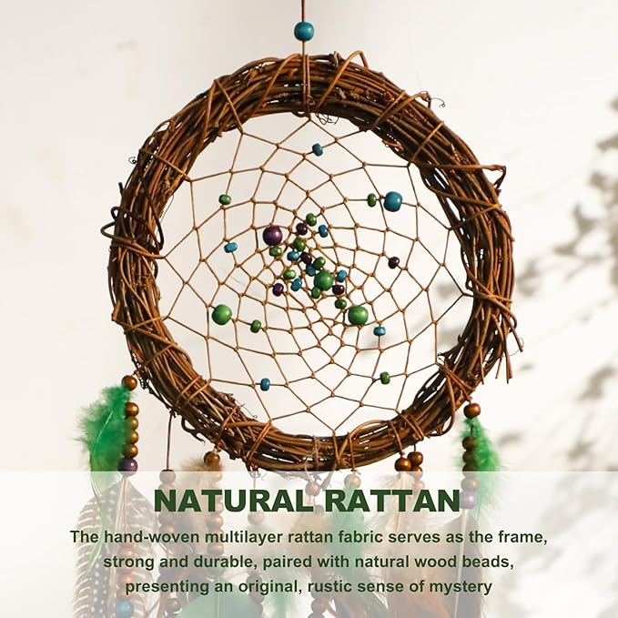 Dream Catcher Native American Boho Dreamcatcher Rattan Wall Decor, Handmade Natural Peacock Feathers Green Colorful Beaded Hanging Oranment Indian Decor for Girls Bedroom (Green Peacock Feather)