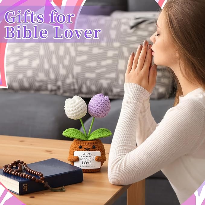 Wavwavw 6 Pcs Christian Gift for Women Inspirational Religious Gifts Positive Faith Scripture Crochet Handmade Bible Verse Crochet Doll with Prayer Card for Vbs Church(Tulip)
