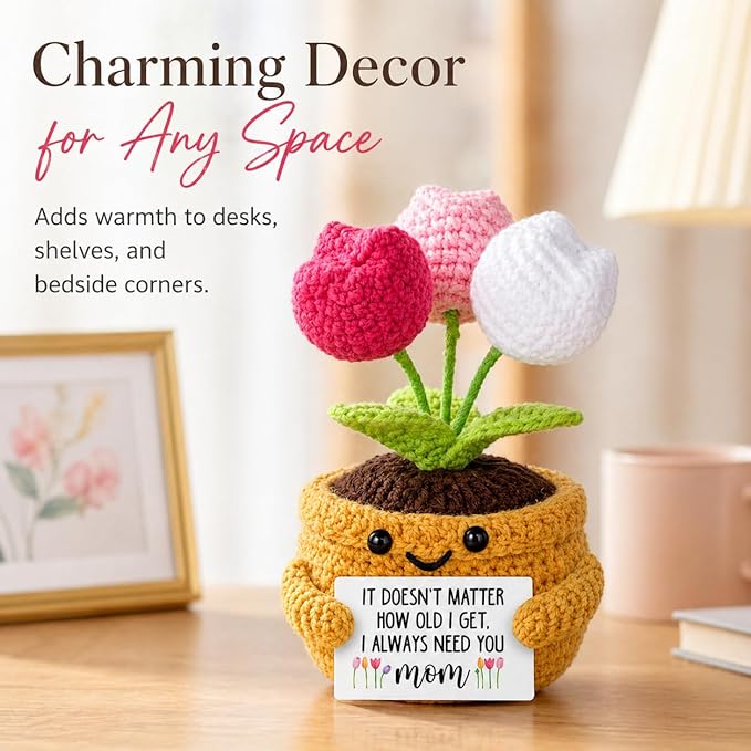 Velyra Tulip Crochet Doll, Handmade Style Emotional Support Plush Toy Figure, I Always Need You Mom Positive Flower Pot Doll, Mother's Day Birthday Gift from Daughter Son, Desk Shelf Decor