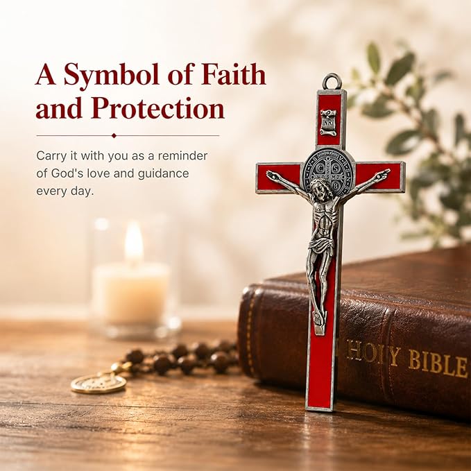 TALPGOD St Benedict Crucifix Silver Red 7.2 Inch,Crucifix Wall Cross for Catholic Decor,Jesus Christ Hanging Cross Wall Art Decor,Escapularios Catolicos,Saint Benedict Medal for Home Decoration