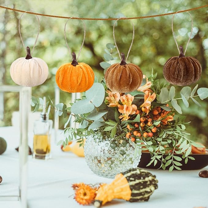 12 Pcs Velvet Pumpkins Fall Thanksgiving Pumpkins Hanging Ornaments Fall Tree Decorations Orange White Brown Velvet Wrapped Pumpkin Ball Decor with Hemp Rope for Thanksgiving Party Tree Farmhouse (A)