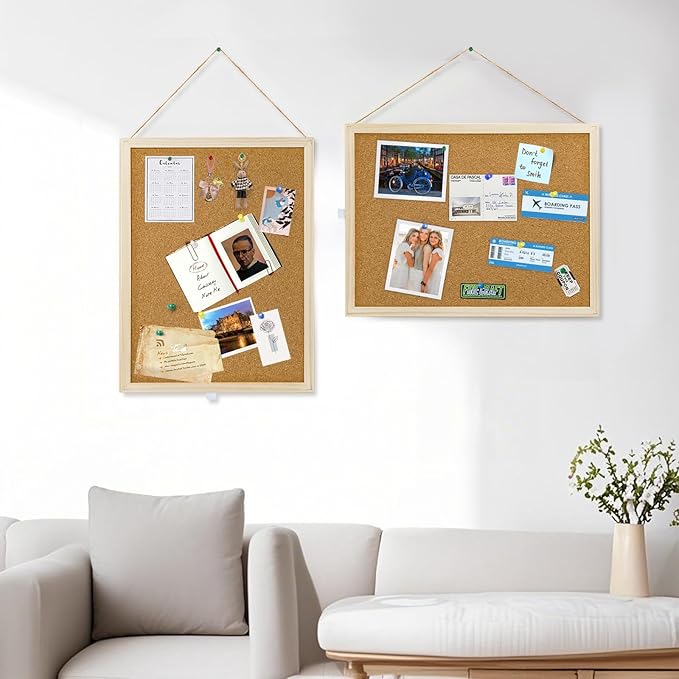 Lyellfe 4 Pack Cork Bulletin Boards, 15.7 x 12 Inch Thick Cork Tiles with Frame Push Pin Hanging Rope, Double Side Rectangle Message Notice Board for Office School Home Decor