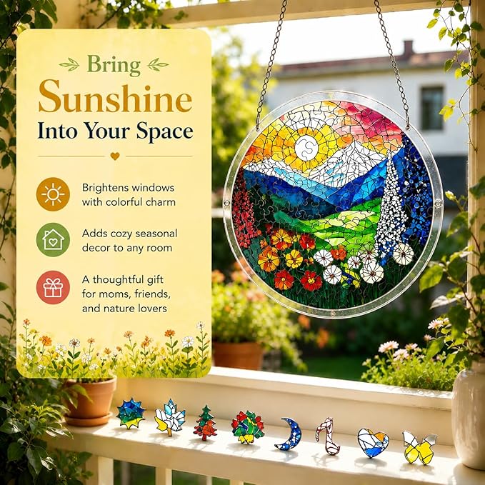 Acrylic Suncatcher Puzzle, 83 Pieces Unique Landscape Sun Catcher Puzzle Kit for Doors Garden and Window Hanging, DIY Suncatcher Kits for Adults, 7.4 in