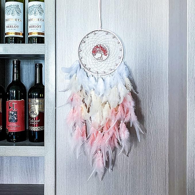 Dream Catcher, Handmade Dreamcatcher with Healing Crystal Stone, Tree of Life Dream Catchers Hanging Ornament for Home Bedroom Birthday Party, Perfect Craft Gift for Kids… (Pink)