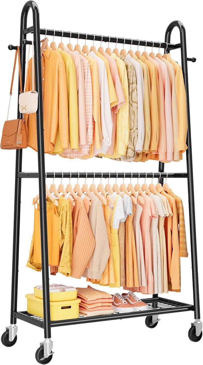 Heavy Duty Clothes Rack, Metal Clothing Rack with Double Hanging Rods, 4 Hooks & Mesh Shelf, Freestanding Garment Rack with Triangular Design for Bedroom Closet, 36.5" x 16.9" x 72.8", Black