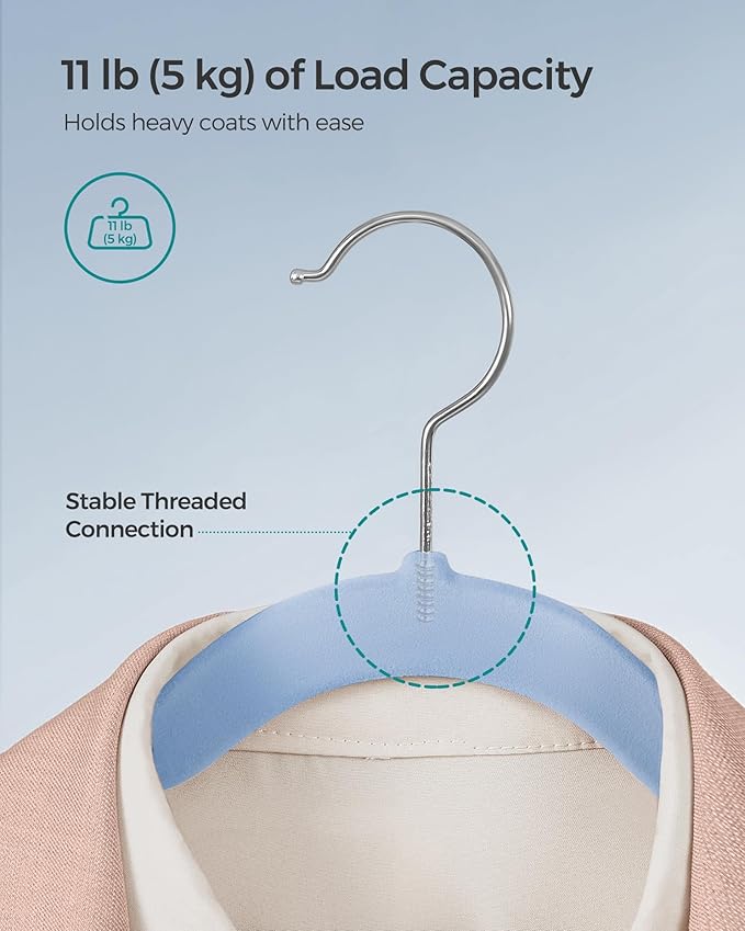 SONGMICS Velvet Hangers 50 Pack, Non-Slip Clothes Hangers, Suit Hangers with Shoulder Notches, Pants Bar, 360° Swivel Hook, Space-Saving, for Closet, Pale Blue UCRF029Q05