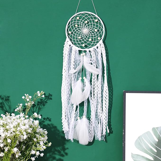 Dream Catchers Boho Wall Decor - Handmade Moon and Sun Feather Dreamcatcher Set, Traditional Native American Wall Hanging for Kids Bedroom, Adult Living Room, Home Bohemian Decor (White, 5 pcs)