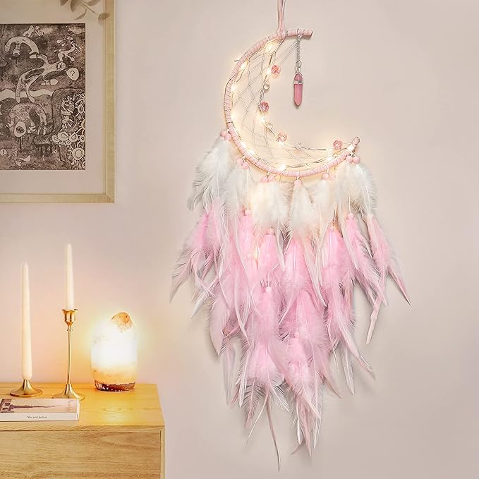Dremisland Moon Dream Catcher with Fairy Lights-Handmade Feather Lucky Turquoise Pendant Beads Wall Hanging Ornament for Kids Bedroom Home Decoration,Art Craft Gift. (Pink&White)