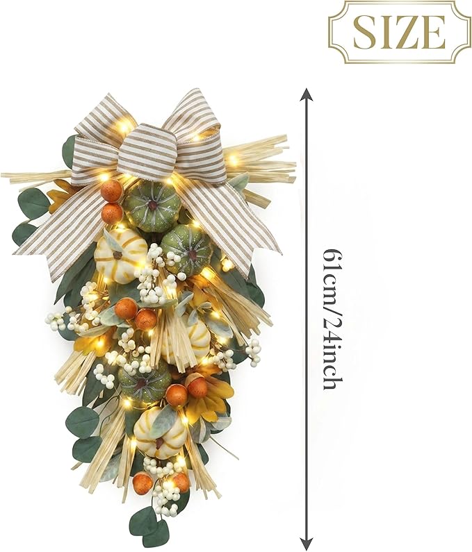 Valery Madelyn 24 inch Fall Pumpkin Teardrop Swag Autumn Harvest Door Hanger with Green & White Mini Pumpkins, Eucalyptus, Raffia, Berries and Striped Bow for Front Door Thanksgiving Table Centerpiece