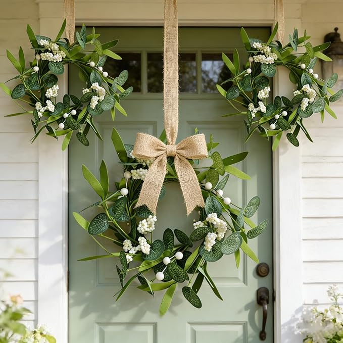 12 Pcs Green Artificial Eucalyptus Swag Wreaths Spring Summer Wreath with White Berries Mini Green Kitchen Cabinet Wreaths with Ribbon for Front Door Porch Wall Window Farmhouse Decoration