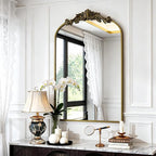 Dewfig Antique Arched Wall Mirror, 24"x36" Vintage Bronze Bathroom Mirror - Baroque Metal Frame Brass Mirror for Living Room, Bathroom, Fireplace, Entryway, Bronze