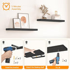 HOOBRO Floating Shelves for Wall, Wall Mounted Shelf Set of 2, 31.5" Hanging Shelf with Invisible Brackets, for Wall Decor Storage in Bathroom Bedroom Kitchen Living Room Office, Black BK80BJP201