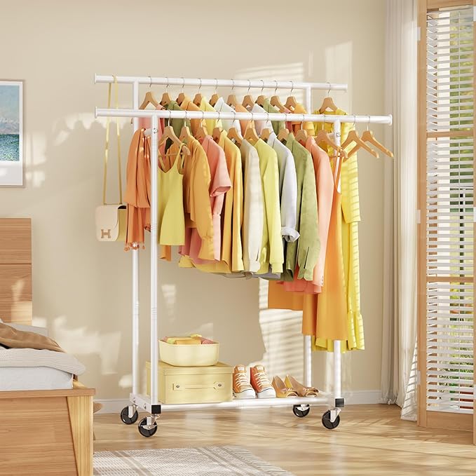 Double Rods Clothes Rack, Rolling Clothing Rack for Hanging Clothes Portable Wardrobe Rack, Metal Garment Rack Sturdy Coat Rack for Bedroom Laundry Living Room, White