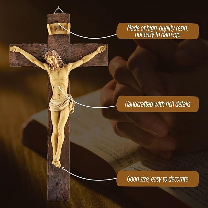 PlentifulHome 9” Resin Crucifix Wall Cross – Catholic Cross for Wall Decor, Jesus Christ Figurine, Inspirational Christian Religious Hanging for Home, Church & Spiritual Gifts