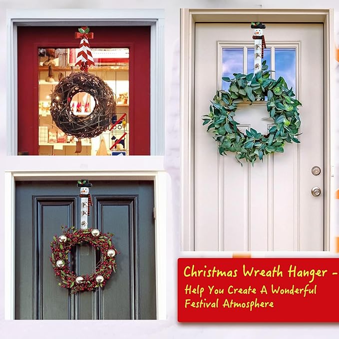 2 Pack Candy Cane Snowman Wreath Hangers for Front Door,Christmas Decoration Metal Over The Door Single Wreath Hook Ornament Door Wreath Hanger,Door Hanger for Wreath Front Door
