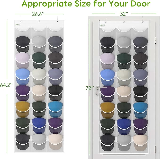 Unjumbly Baseball Hat Rack, 24 Pocket Over-The-Door Hat Organizer with Clear Deep Pockets to Display Baseball Caps Collection, Complete with 3 Over Door Hooks (White, 24 Pockets)