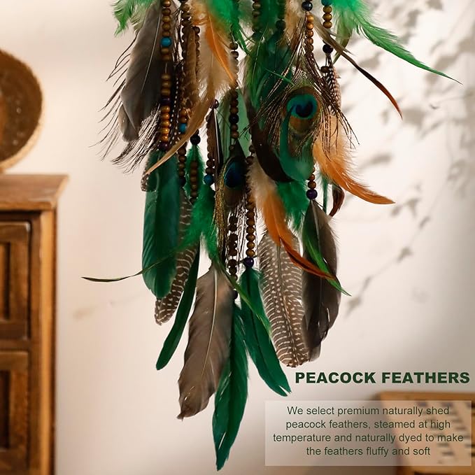 Dream Catcher Native American Boho Dreamcatcher Rattan Wall Decor, Handmade Natural Peacock Feathers Green Colorful Beaded Hanging Oranment Indian Decor for Girls Bedroom (Green Peacock Feather)