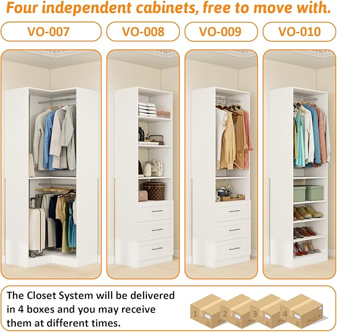 Closet System with 4 sets, 101.9" Closet Organizer Systems with 6 Drawers & 8 Hanging Rods & Adjustable Shelves, Walk in Closet Standing Closet System, Corner Closet System Set, White