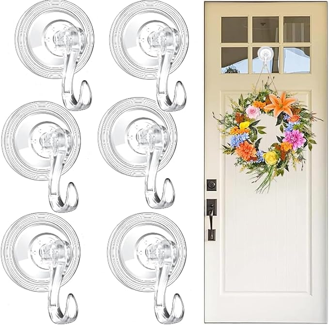 6pack Wreath Hanger Hooks,Big Suction Cup Wreath Hooks for Halloween Christmas Décor,22 LB Heavy Duty Waterproof Removable Large Wreath Holder for Window Glass Smooth Doors Tiles (3.7X2.7in 6pcs)
