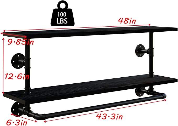 Black Clothes Rack 48in, 2-Tier Wall Mounted Garment Rack with Real Wood Shelf, Heavy Duty Hanging Clothes Rack, Multi-Purpose Hanging Rod, Space-Saving Closet Storage