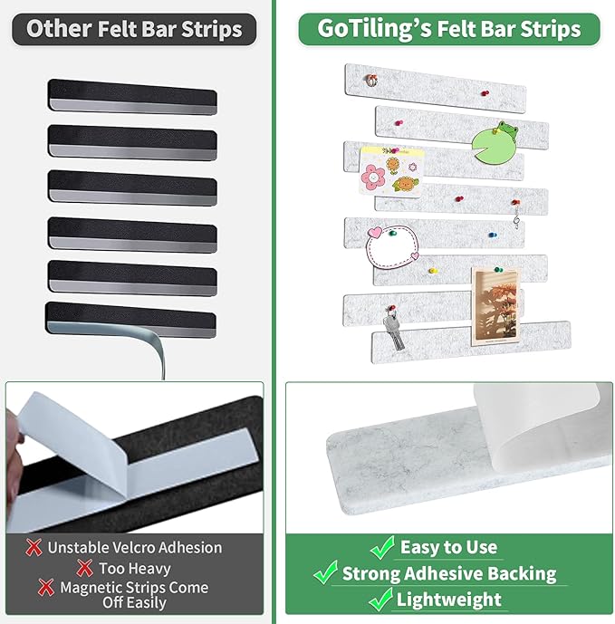 Felt Pin Board Bar Strips Self-Adhesive Lightweight Bulletin Board Strips No Damage for Wall Better Than Cork Board Decorative Memo Boards with 40 Push Pins for Home Office Classroom, 8 Pack