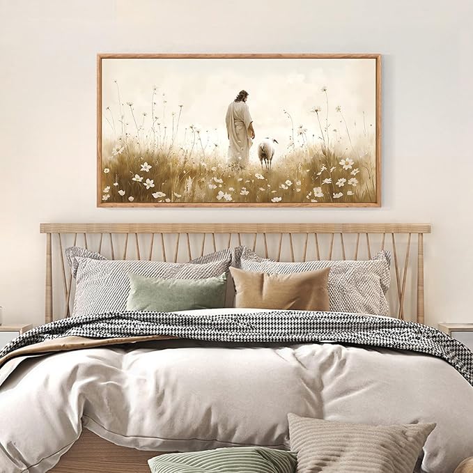 KAIRNE Jesus Canvas Wall Art,Lost Sheep Prints,Neutral Beige Wildflower Wall Decor,Framed Christian Scripture Wall Art,Religious Inspirational Artwork for Living Room Bedroom Church Decor,20X40 inch