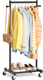 MISSLO Small Clothing Racks for Hanging Clothes 45" Short Clothes Rack with Shelves Metal Rolling Garment Rack with Wheels for Small Space, Closet, Wardrobe, Adults & Kids, Black