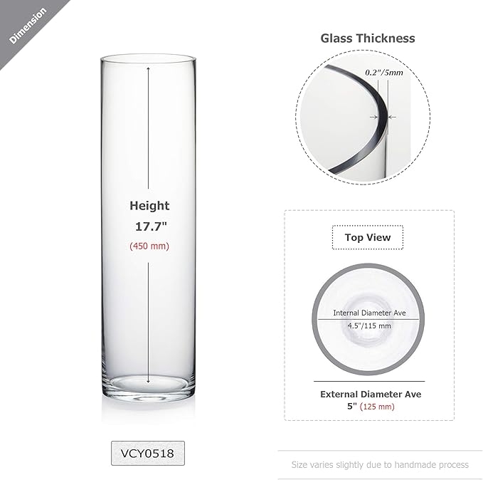 WGV Cylinder Vase Bulk, Diameter 5", Height 18", Clear Glass Floral Planter Container, Tall Centerpiece Arrangement for Wedding Party Event Home Office Decor, 4 Pieces