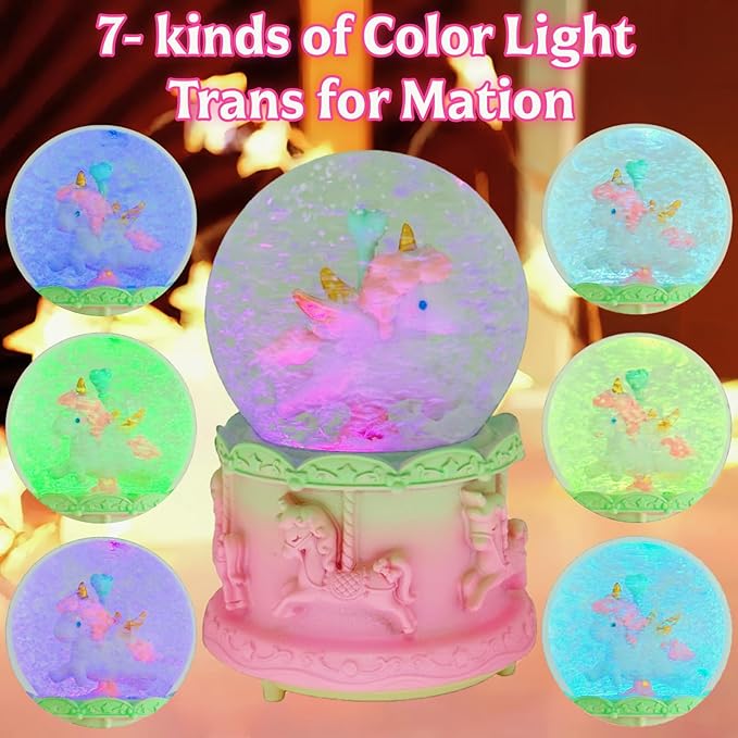 Unicorn Snow Globes,Pink Music Snowglobes with LED 7 Colors Lights,Automatic Snow Fall Effect,Home Decor for Kids Room Essentials,Christmas and Birthday Gifts for 3-15 Year Old Girl (Pink)