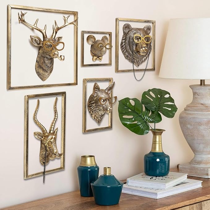 Newinhome Animal Heads Wall Decor (Includes Metal Frame) Resin Animals Sculptures Head Wall Hanging Decoration Gold vintage Wall Sculpture for Living Room Bedroom Office(Jackalope)
